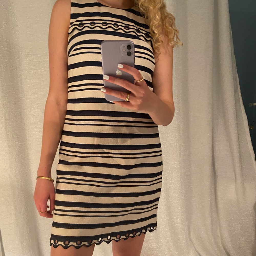 J. Crew tan & navy striped scalloped sheath dress
